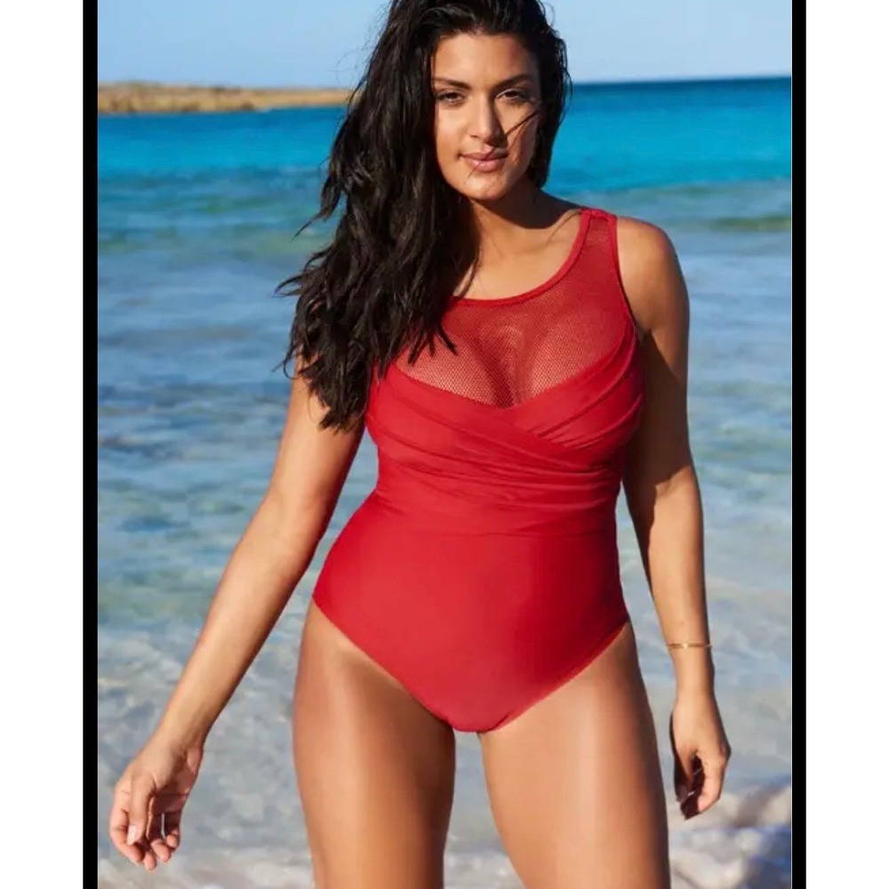 Adore Me Red Mesh High Neck Wrap One Piece Swimsuit Plus Size 1X